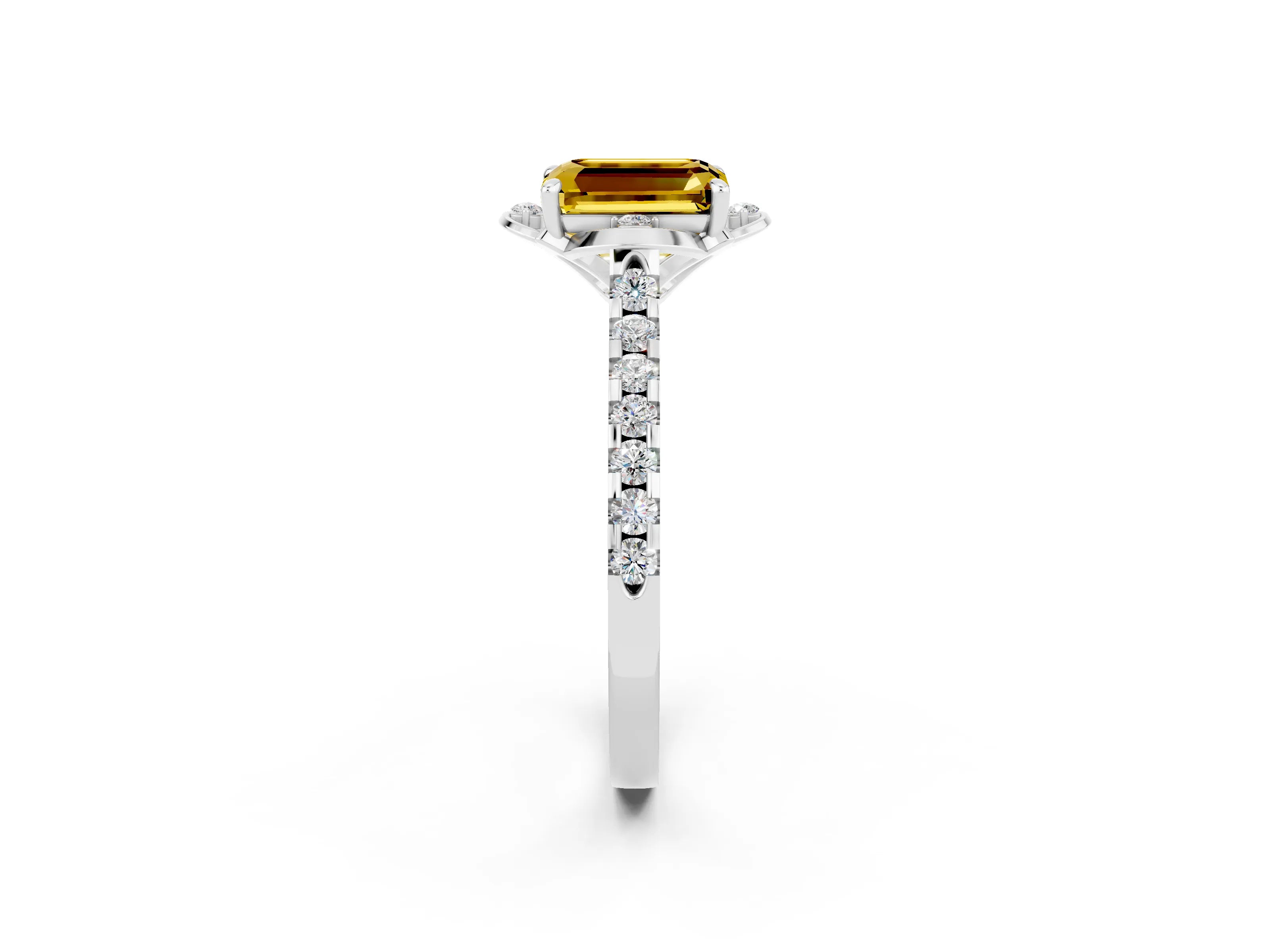 White gold Emerald Cut Yellow Sapphire Ring with Pavé Band and Floral Prong Setting_2