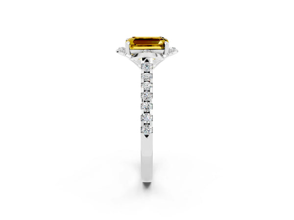 Silver Emerald Cut Yellow Sapphire Ring with Pavé Band and Floral Prong Setting