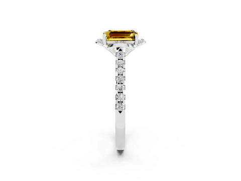White gold Emerald Cut Yellow Sapphire Ring with Pavé Band and Floral Prong Setting_2