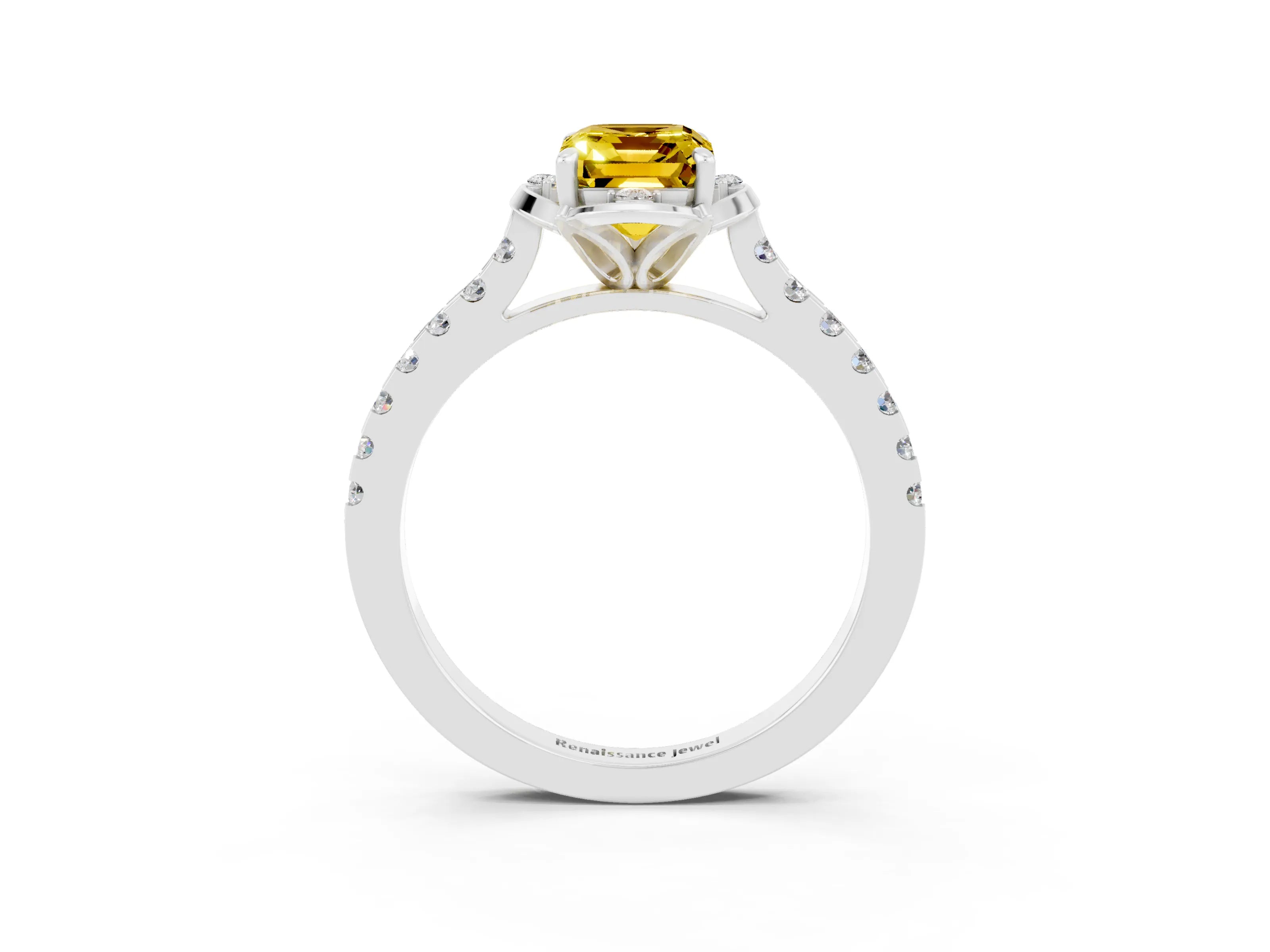 White gold Emerald Cut Yellow Sapphire Ring with Pavé Band and Floral Prong Setting_3