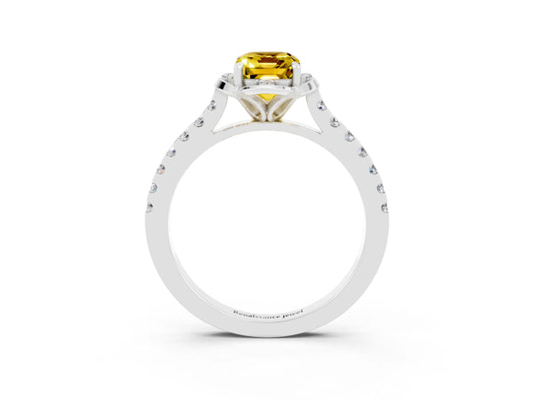 White gold Emerald Cut Yellow Sapphire Ring with Pavé Band and Floral Prong Setting