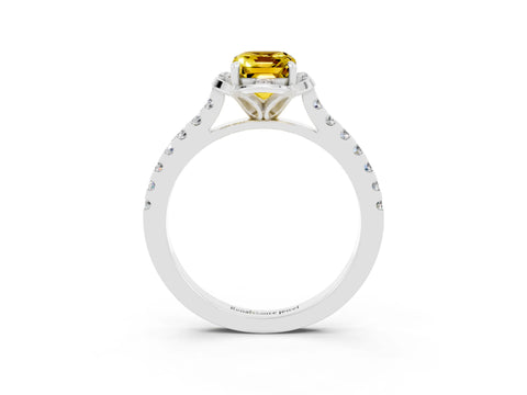 White gold Emerald Cut Yellow Sapphire Ring with Pavé Band and Floral Prong Setting_3