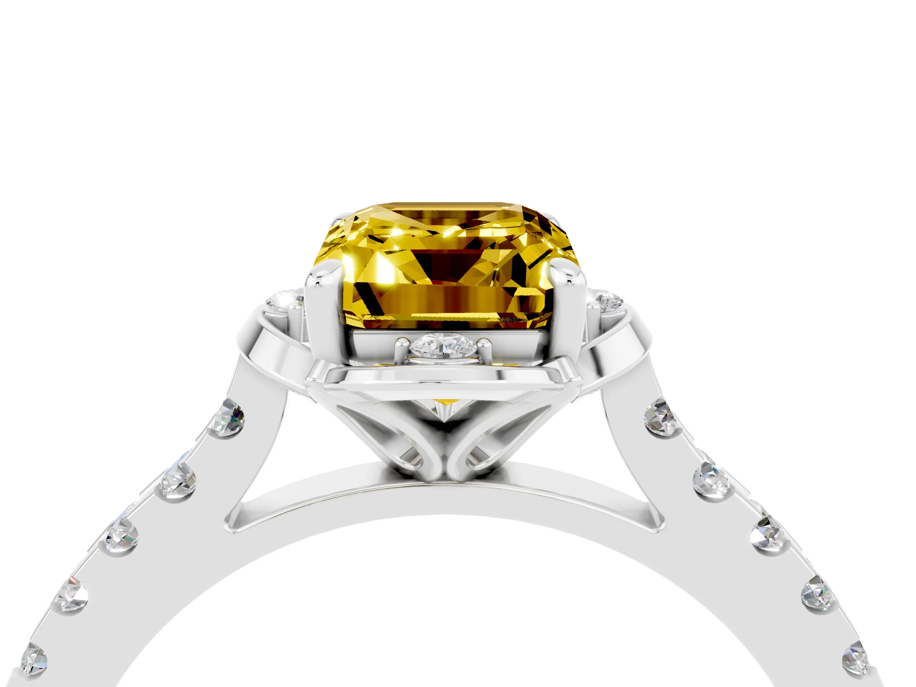 White gold Emerald Cut Yellow Sapphire Ring with Pavé Band and Floral Prong Setting_4