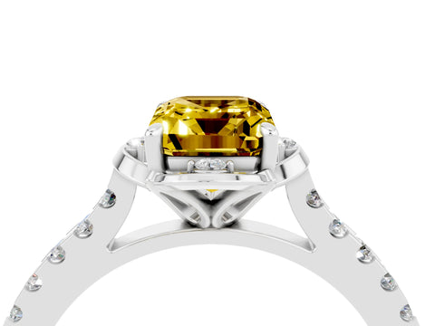 White gold Emerald Cut Yellow Sapphire Ring with Pavé Band and Floral Prong Setting_4