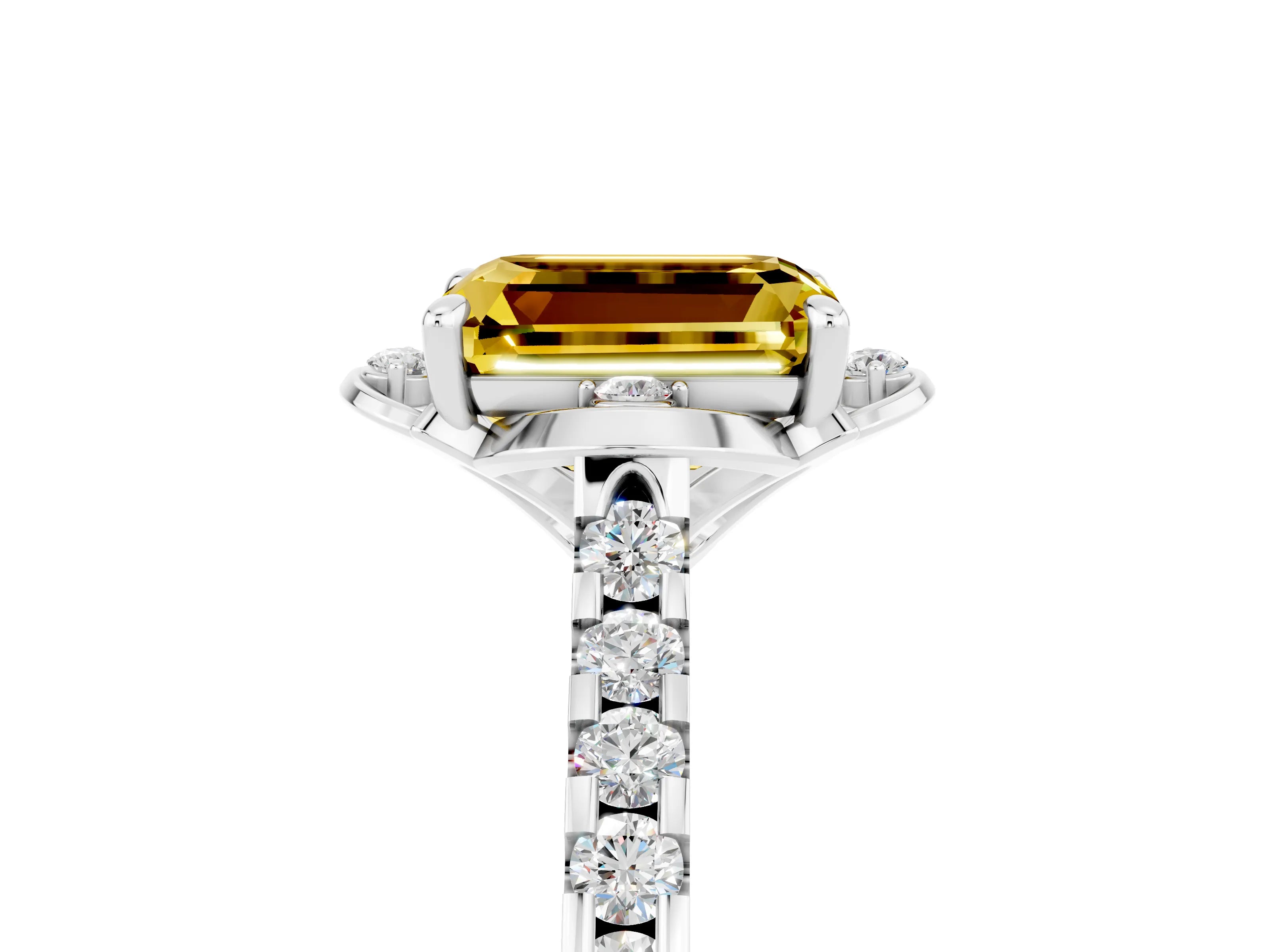White gold Emerald Cut Yellow Sapphire Ring with Pavé Band and Floral Prong Setting_5