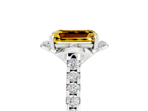 White gold Emerald Cut Yellow Sapphire Ring with Pavé Band and Floral Prong Setting_5