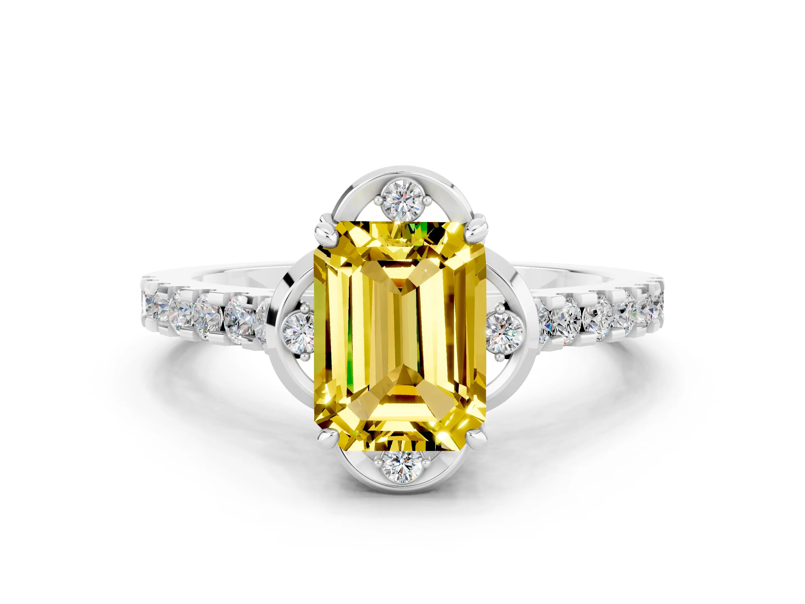 White gold Emerald Cut Yellow Sapphire Ring with Pavé Band and Floral Prong Setting