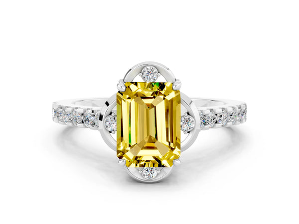 Silver Emerald Cut Yellow Sapphire Ring with Pavé Band and Floral Prong Setting