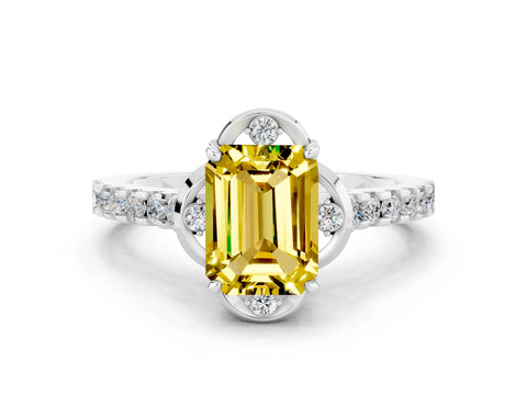 White gold Emerald Cut Yellow Sapphire Ring with Pavé Band and Floral Prong Setting
