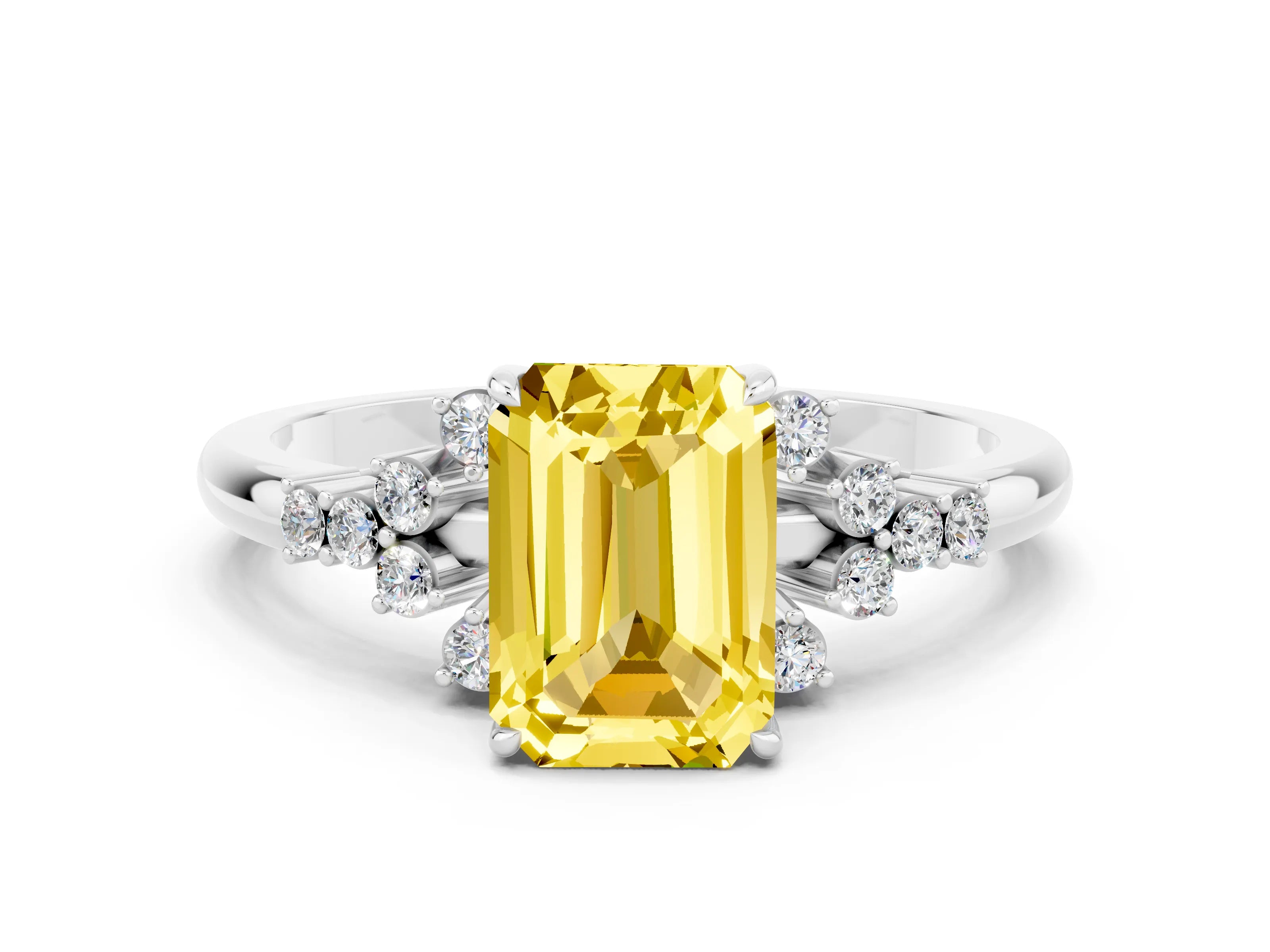 White gold Emerald Cut Yellow Sapphire Ring with Side Stones and Four-Prong Setting_60