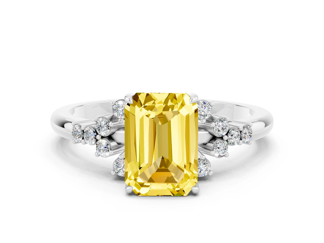 White gold Emerald Cut Yellow Sapphire Ring with Side Stones and Four-Prong Setting_60