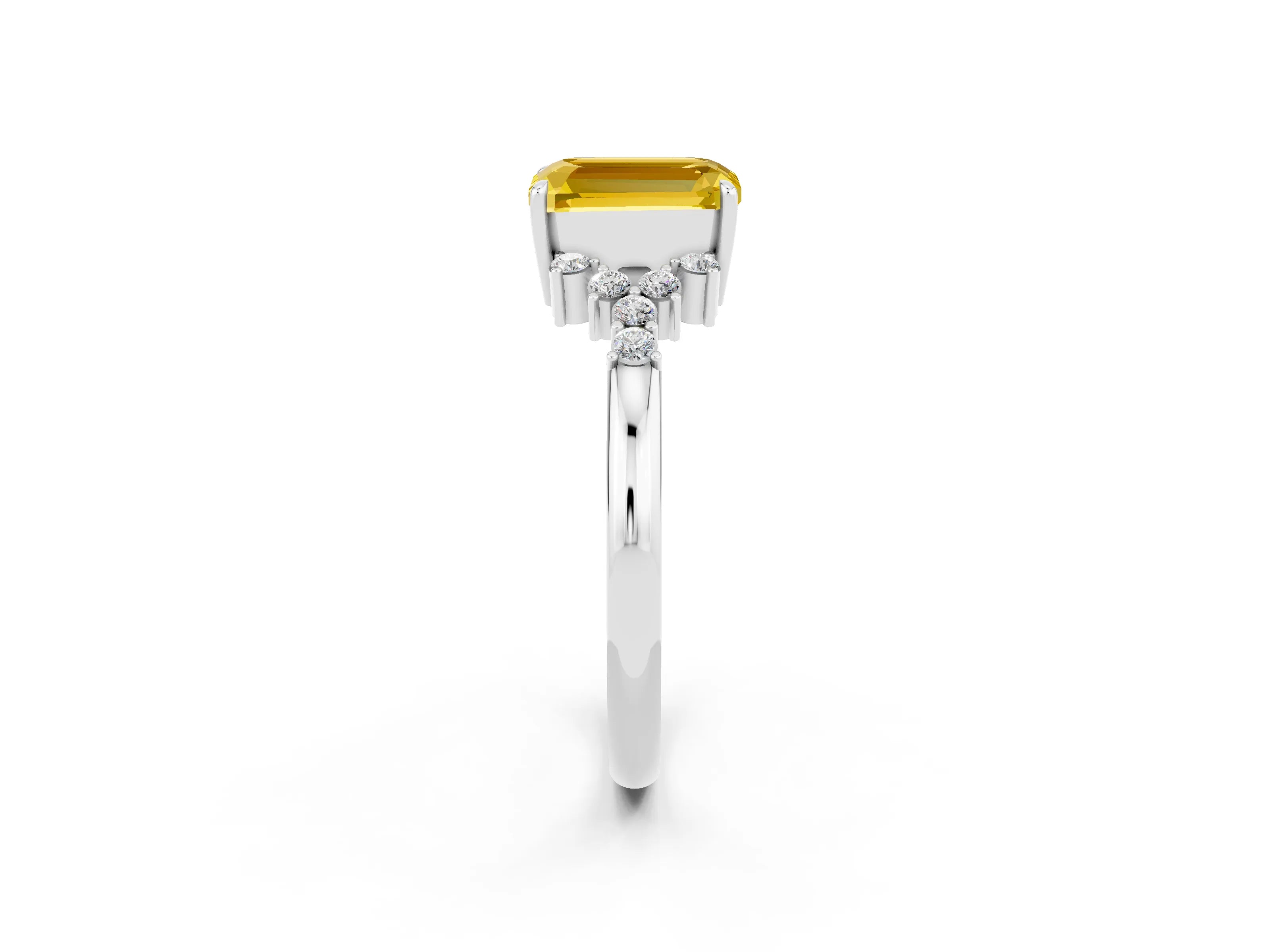 White gold Emerald Cut Yellow Sapphire Ring with Side Stones and Four-Prong Setting_62