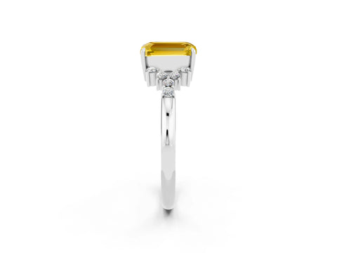 White gold Emerald Cut Yellow Sapphire Ring with Side Stones and Four-Prong Setting_62
