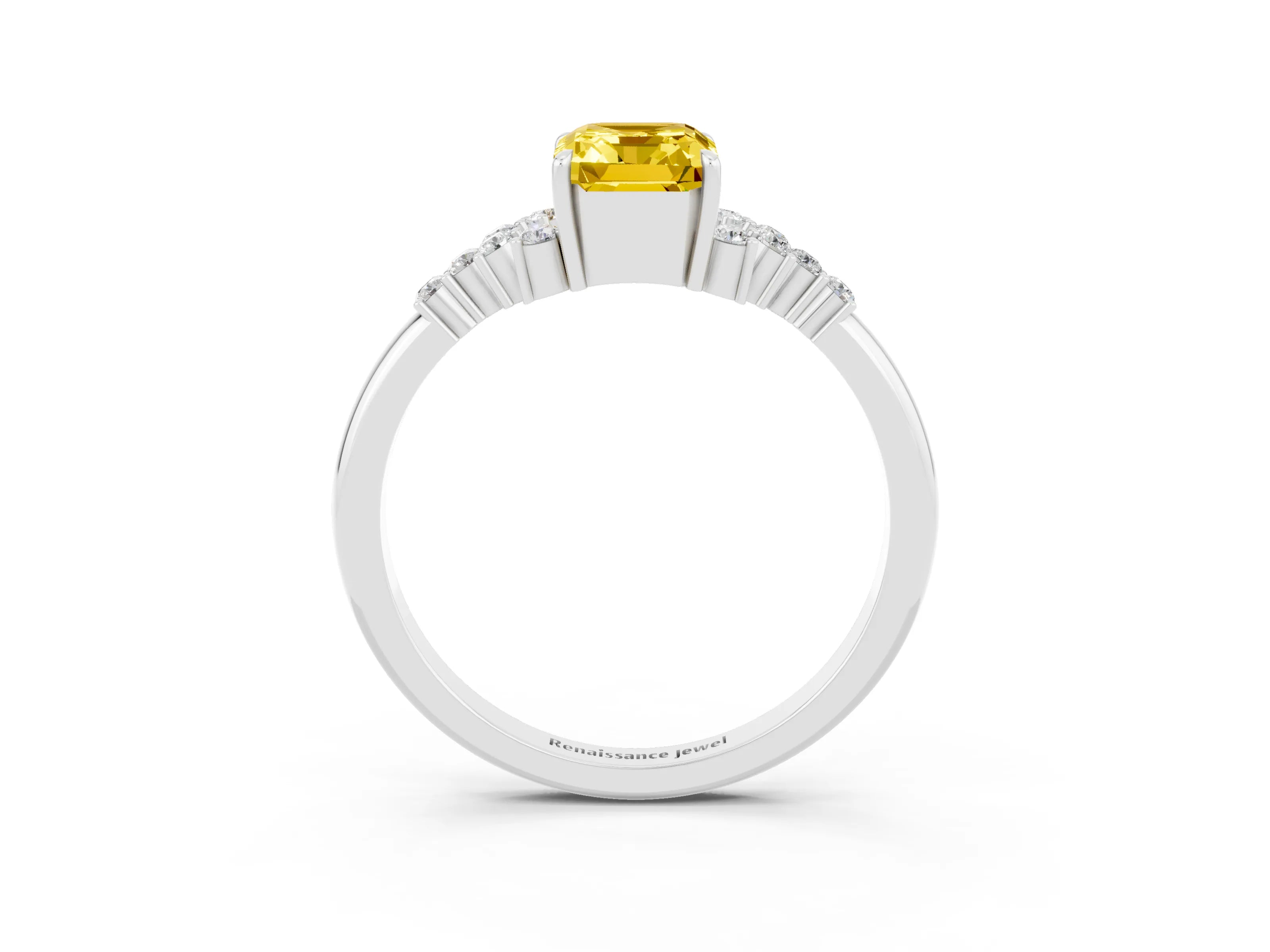 White gold Emerald Cut Yellow Sapphire Ring with Side Stones and Four-Prong Setting_63