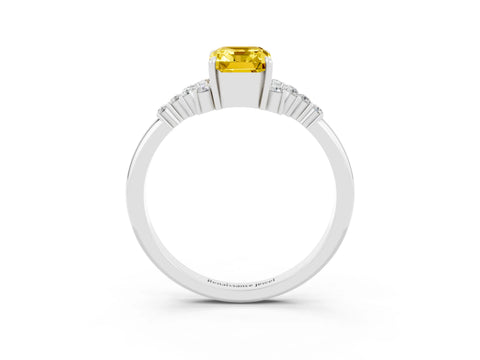 White gold Emerald Cut Yellow Sapphire Ring with Side Stones and Four-Prong Setting_63