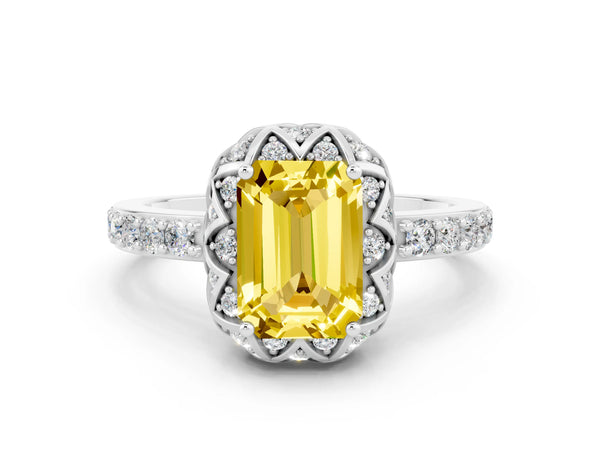 Silver Emerald Cut Yellow Sapphire Scalloped Halo Engagement Ring with Round Shared Prong Band
