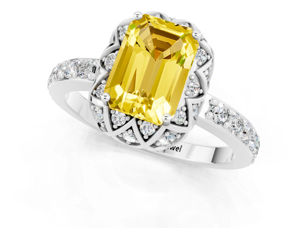 Silver Emerald Cut Yellow Sapphire Scalloped Halo Engagement Ring with Round Shared Prong Band