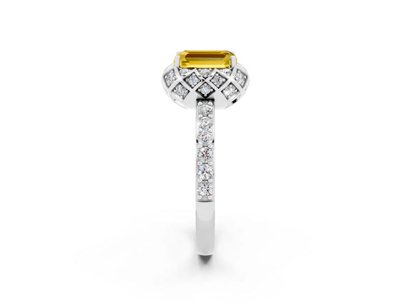 White gold Emerald Cut Yellow Sapphire Scalloped Halo Engagement Ring with Round Shared Prong Band