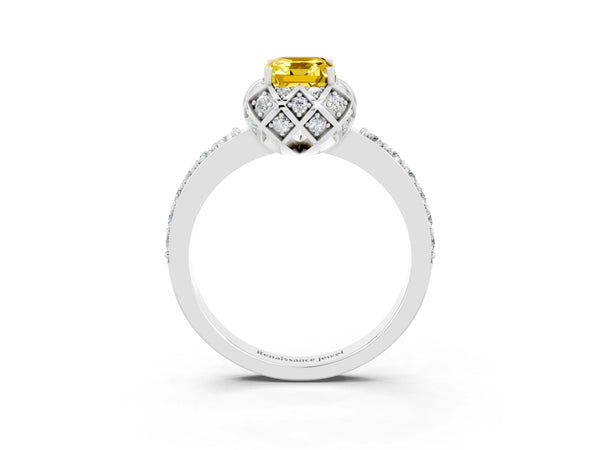 Silver Emerald Cut Yellow Sapphire Scalloped Halo Engagement Ring with Round Shared Prong Band