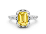 White gold Emerald Cut Yellow Sapphire Scalloped Halo Engagement Ring with Round Shared Prong Band_48