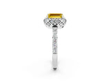 White gold Emerald Cut Yellow Sapphire Scalloped Halo Engagement Ring with Round Shared Prong Band_62
