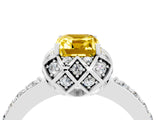 White gold Emerald Cut Yellow Sapphire Scalloped Halo Engagement Ring with Round Shared Prong Band_64