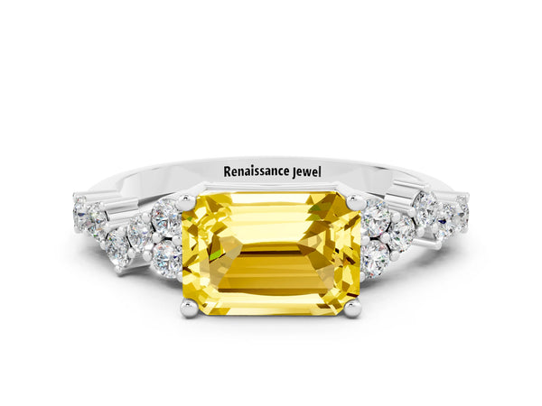 White gold Emerald Cut Yellow Sapphire Scattered Round Accent Ring with Prong Setting