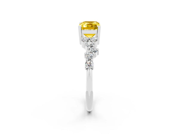White gold Emerald Cut Yellow Sapphire Scattered Round Accent Ring with Prong Setting