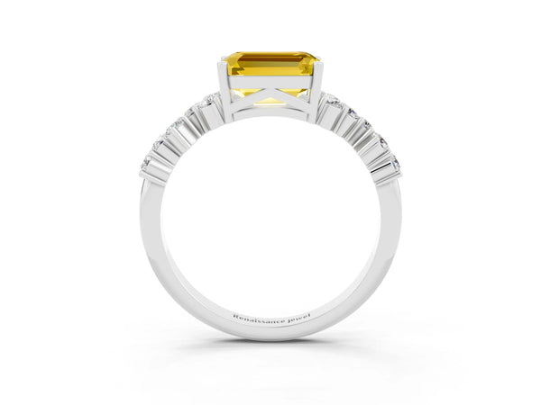 Platinum Emerald Cut Yellow Sapphire Scattered Round Accent Ring with Prong Setting