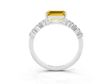 White gold Emerald Cut Yellow Sapphire Scattered Round Accent Ring with Prong Setting_27