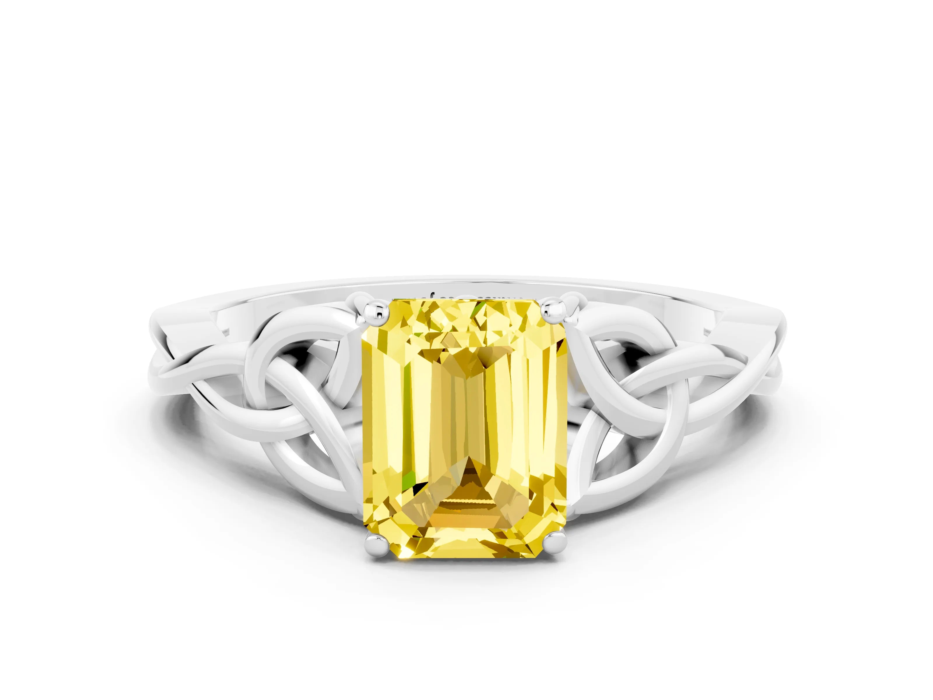 White gold Emerald Cut Yellow Sapphire Solitaire Celtic Knot Ring with Four-Prong Setting_24
