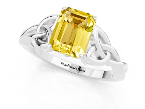 White gold Emerald Cut Yellow Sapphire Solitaire Celtic Knot Ring with Four-Prong Setting_25