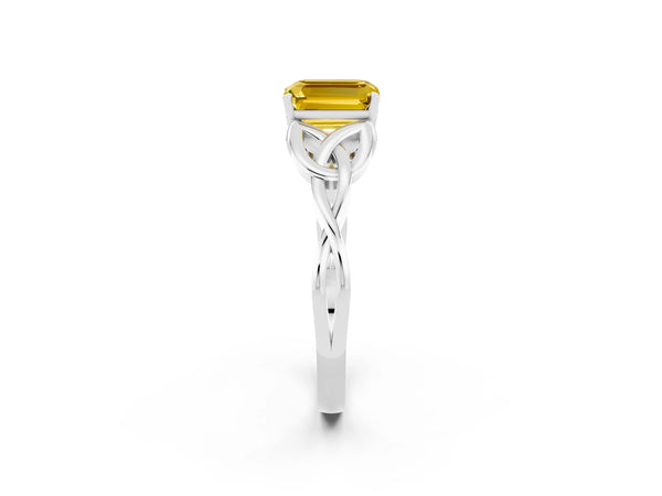 Platinum Emerald Cut Yellow Sapphire Solitaire Celtic Knot Ring with Four-Prong Setting