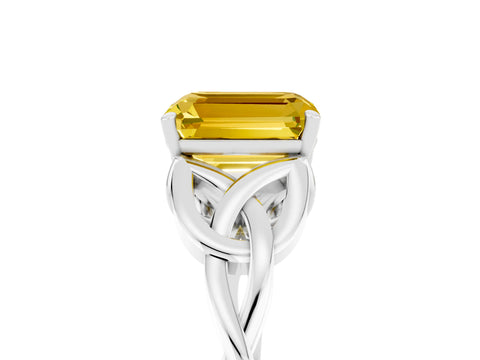 White gold Emerald Cut Yellow Sapphire Solitaire Celtic Knot Ring with Four-Prong Setting_29