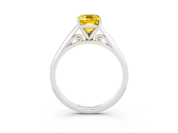 Platinum Emerald Cut Yellow Sapphire Solitaire Engagement Ring with Cathedral Setting and Four-Prong Mount