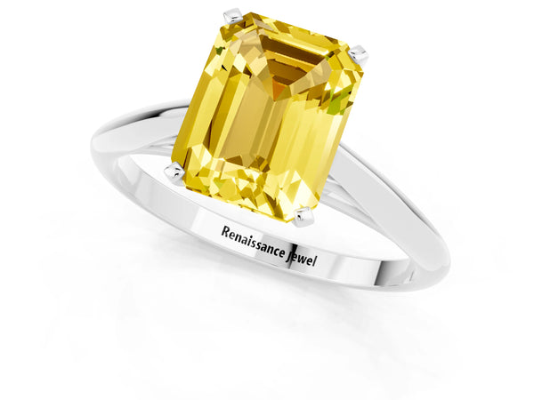 White gold Emerald Cut Yellow Sapphire Solitaire Engagement Ring with Cathedral Setting and Four-Prong Mount
