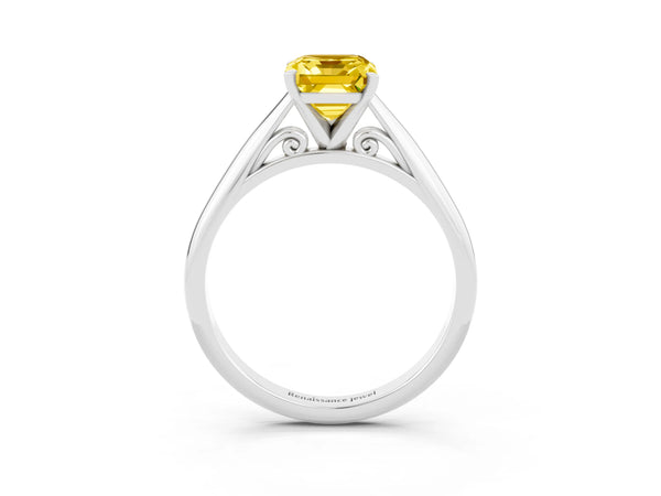 White gold Emerald Cut Yellow Sapphire Solitaire Engagement Ring with Cathedral Setting and Four-Prong Mount