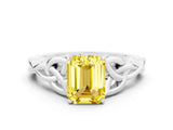 White gold Emerald Cut Yellow Sapphire Solitaire Engagement Ring with Celtic Knot Band and Four-Prong Setting_24