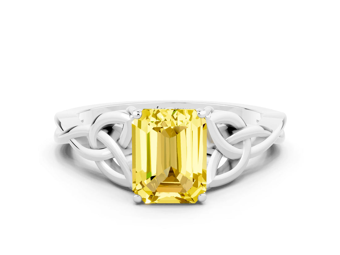 White gold Emerald Cut Yellow Sapphire Solitaire Engagement Ring with Celtic Knot Band and Four-Prong Setting_24