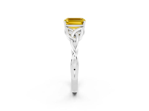 White gold Emerald Cut Yellow Sapphire Solitaire Engagement Ring with Celtic Knot Band and Four-Prong Setting_26