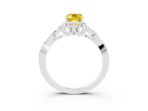 White gold Emerald Cut Yellow Sapphire Solitaire Engagement Ring with Celtic Knot Band and Four-Prong Setting_27