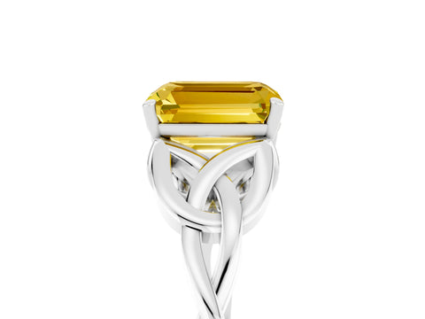 White gold Emerald Cut Yellow Sapphire Solitaire Engagement Ring with Celtic Knot Band and Four-Prong Setting_29