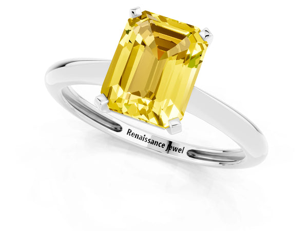 White gold Emerald Cut Yellow Sapphire Solitaire Engagement Ring with Classic Band and Four-Prong Setting