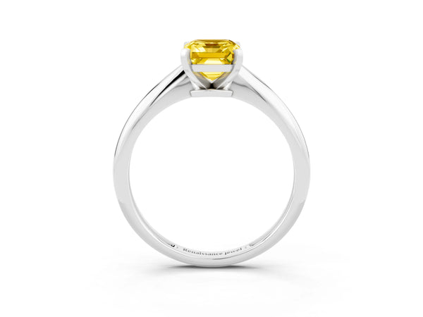 White gold Emerald Cut Yellow Sapphire Solitaire Engagement Ring with Classic Band and Four-Prong Setting