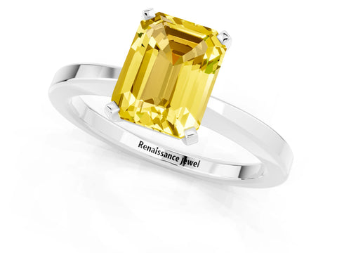 White gold Emerald Cut Yellow Sapphire Solitaire Engagement Ring with Classic Band and Four-Prong Setting_61