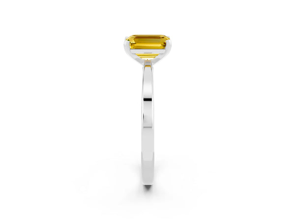 Silver Emerald Cut Yellow Sapphire Solitaire Engagement Ring with Classic Band and Four-Prong Setting