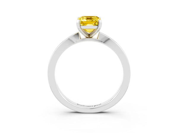 Platinum Emerald Cut Yellow Sapphire Solitaire Engagement Ring with Classic Band and Four-Prong Setting