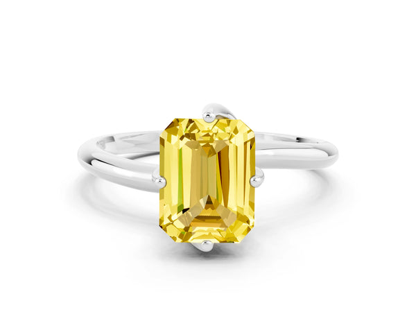 Silver Emerald Cut Yellow Sapphire Solitaire Engagement Ring with Four-Prong Setting and Classic Band