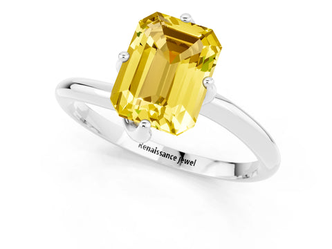 White gold Emerald Cut Yellow Sapphire Solitaire Engagement Ring with Four-Prong Setting and Classic Band_13