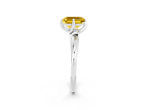 White gold Emerald Cut Yellow Sapphire Solitaire Engagement Ring with Four-Prong Setting and Classic Band